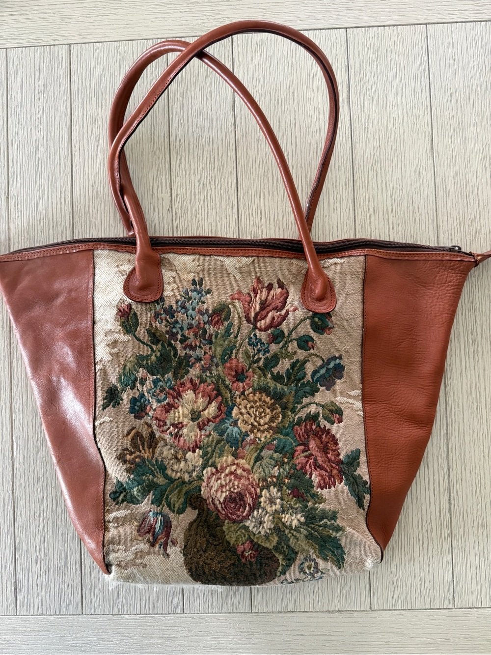 Vintage Paola Del Lungo Large Leather Trim Floral Tapestry Tote Bag in Rust